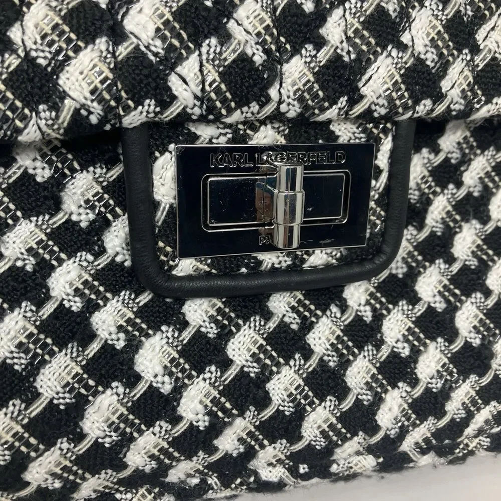 Karl Lagerfeld Paris Tweed Shoulder‎ Bag Womens Black White Chain Flap Spring